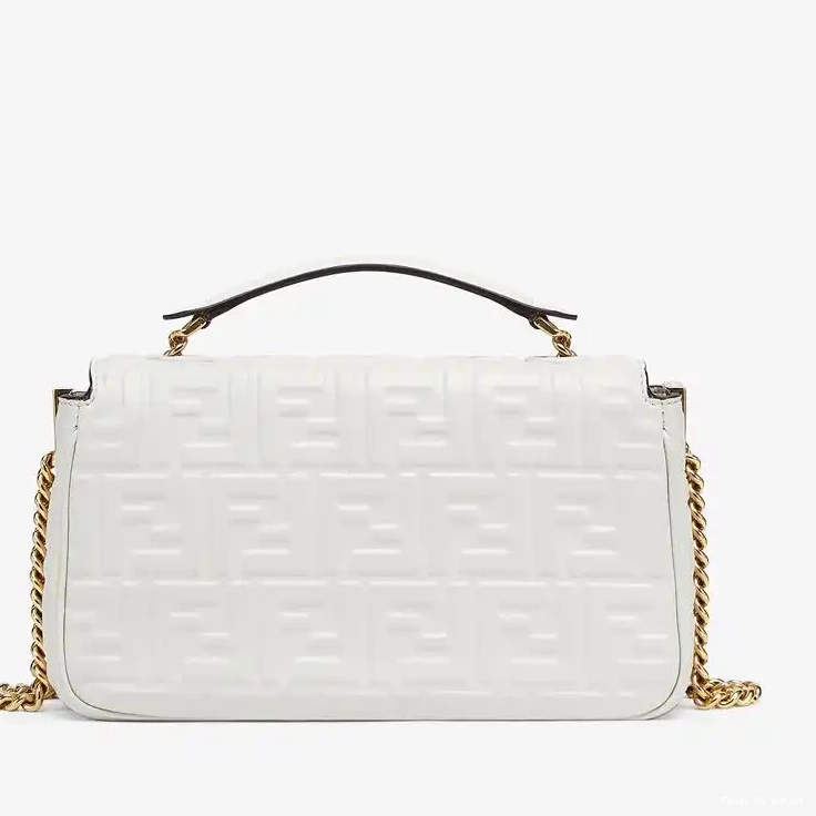 Vintage HOT Bag Nappa White Midi Chain Baguette FF In Fendi Motif Leather 0518